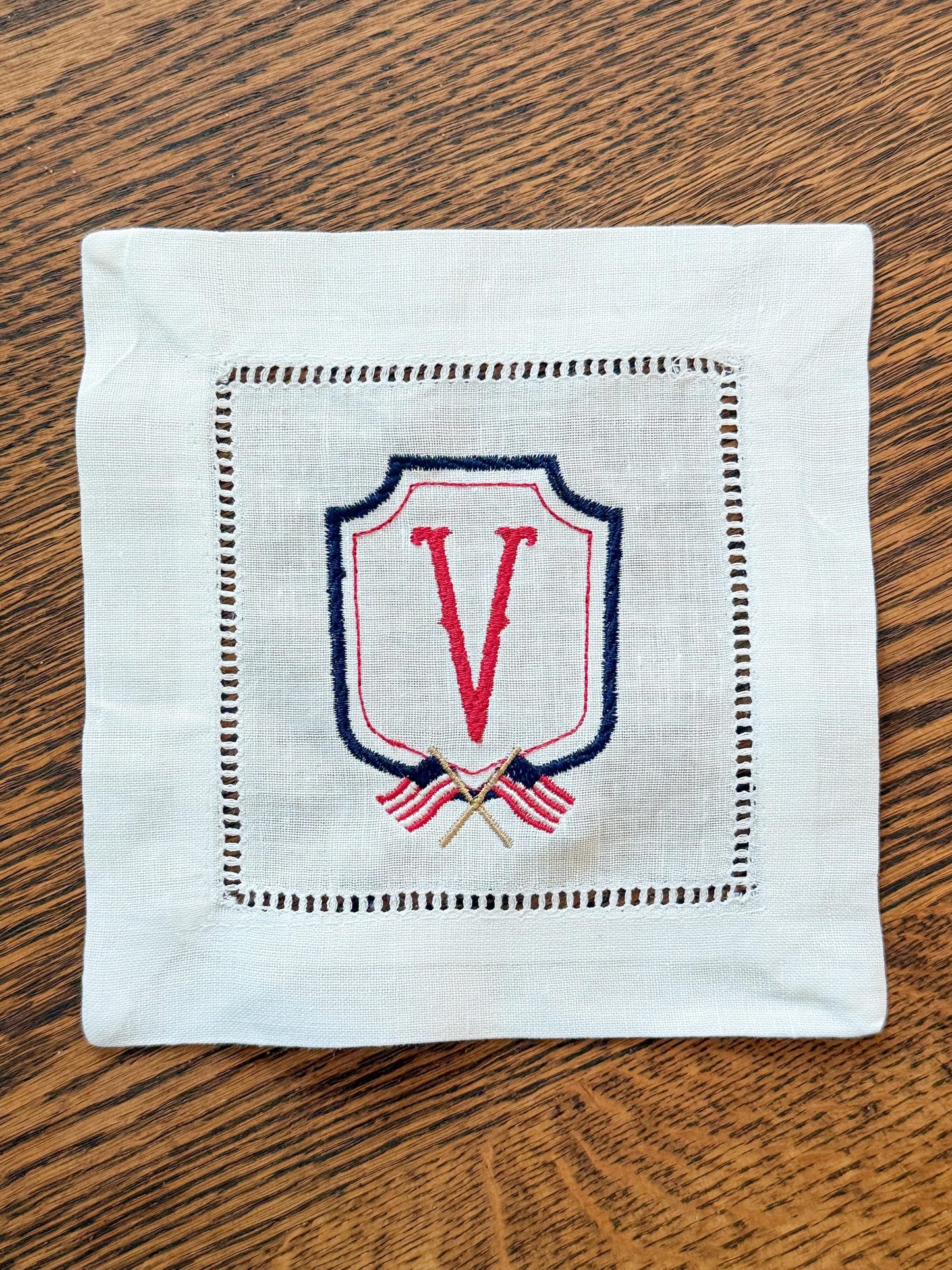 Set of 4 Monogrammed Patriotic Crest Cocktail Napkins