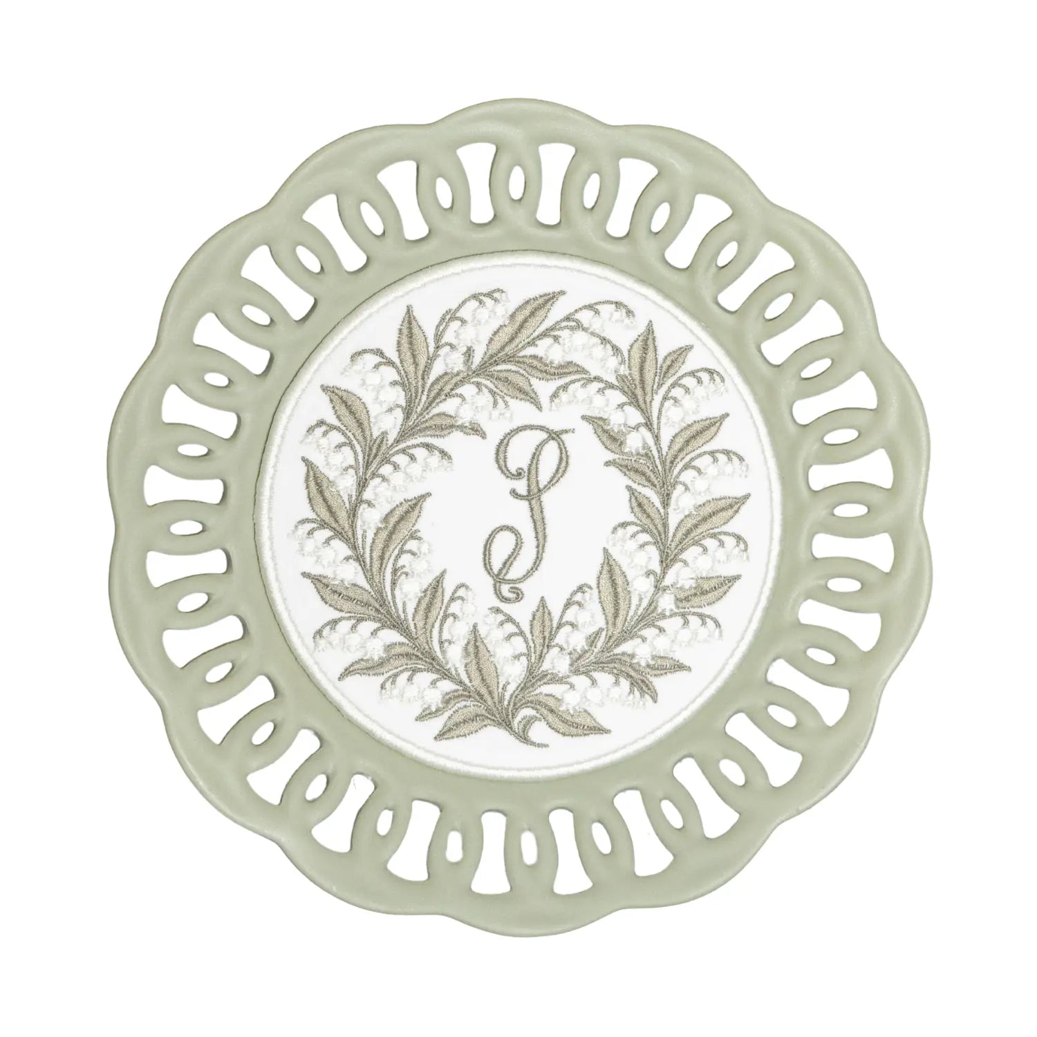 Personalized lily of the valley plated medallion with custom embroidery from Saul Stitch House