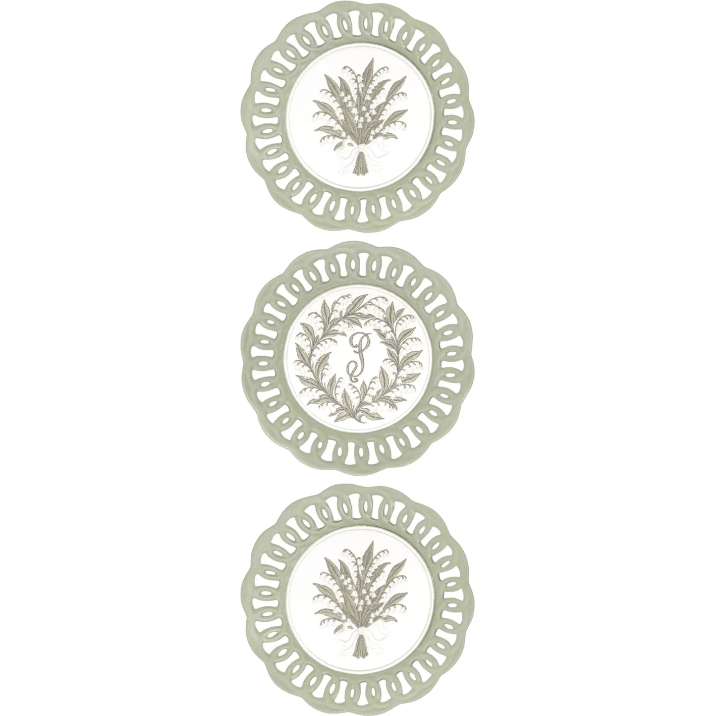 Decorative lily of the valley plated medallion trio with embroidered design for a wall, shelf, or collected