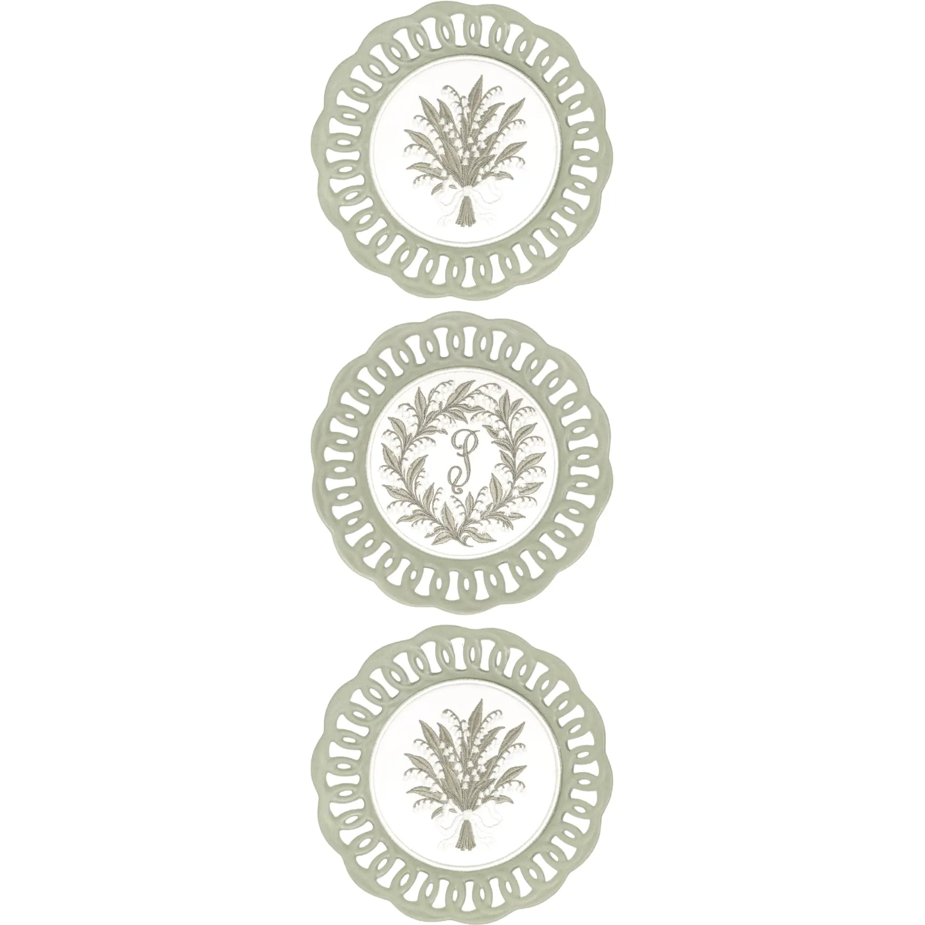 Decorative lily of the valley plated medallion trio with embroidered design for a wall, shelf, or collected