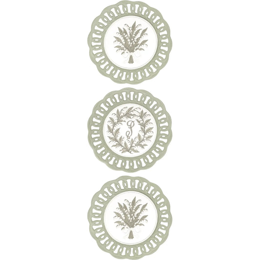 Decorative lily of the valley plated medallion trio with embroidered design for a wall, shelf, or collected